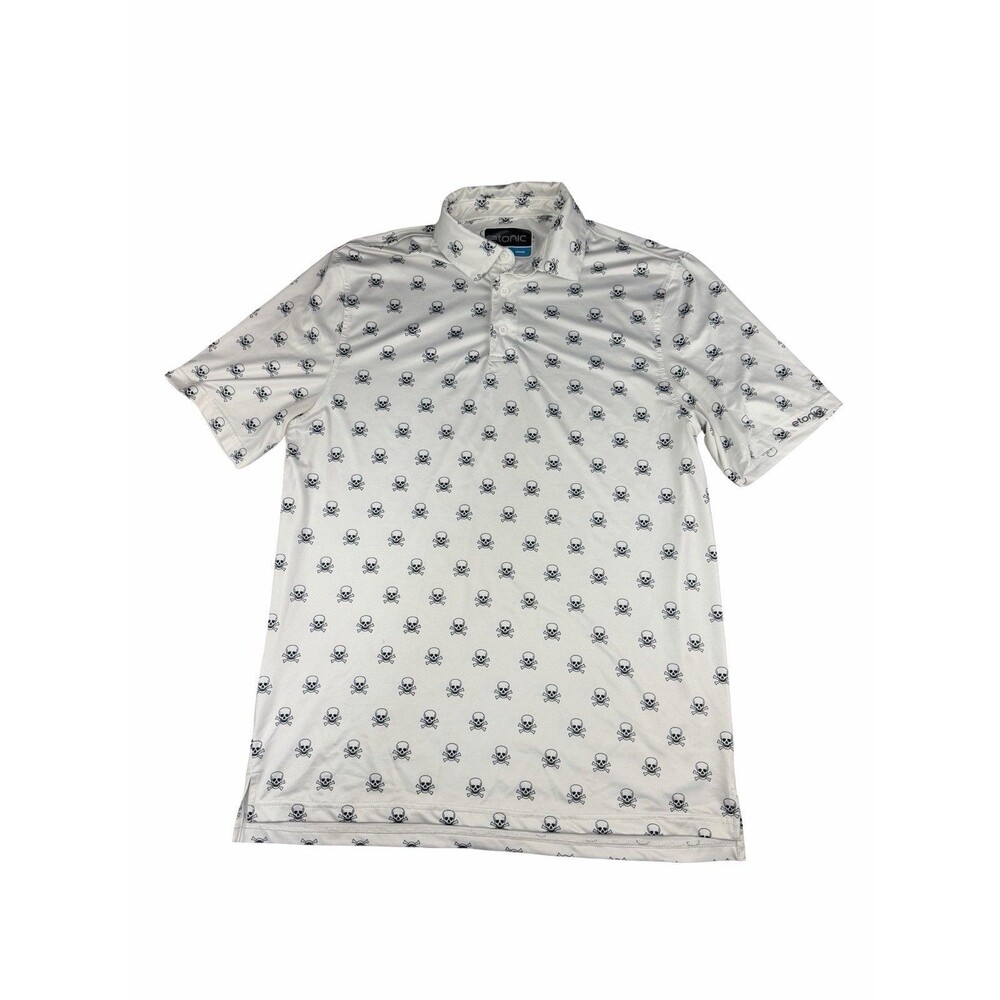 Etonic Men's Golf Polo Shirt Medium White Black Skull Crossbones Performance